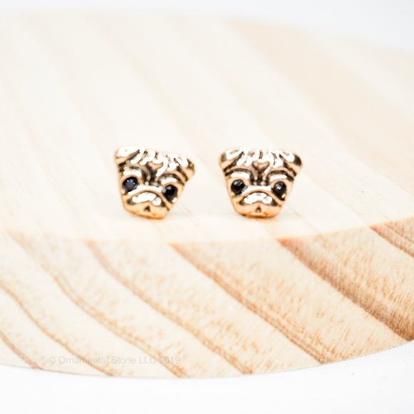 PUG Antique Gold Puppy Dog Stud Earrings #63 - Picture 3 of 3